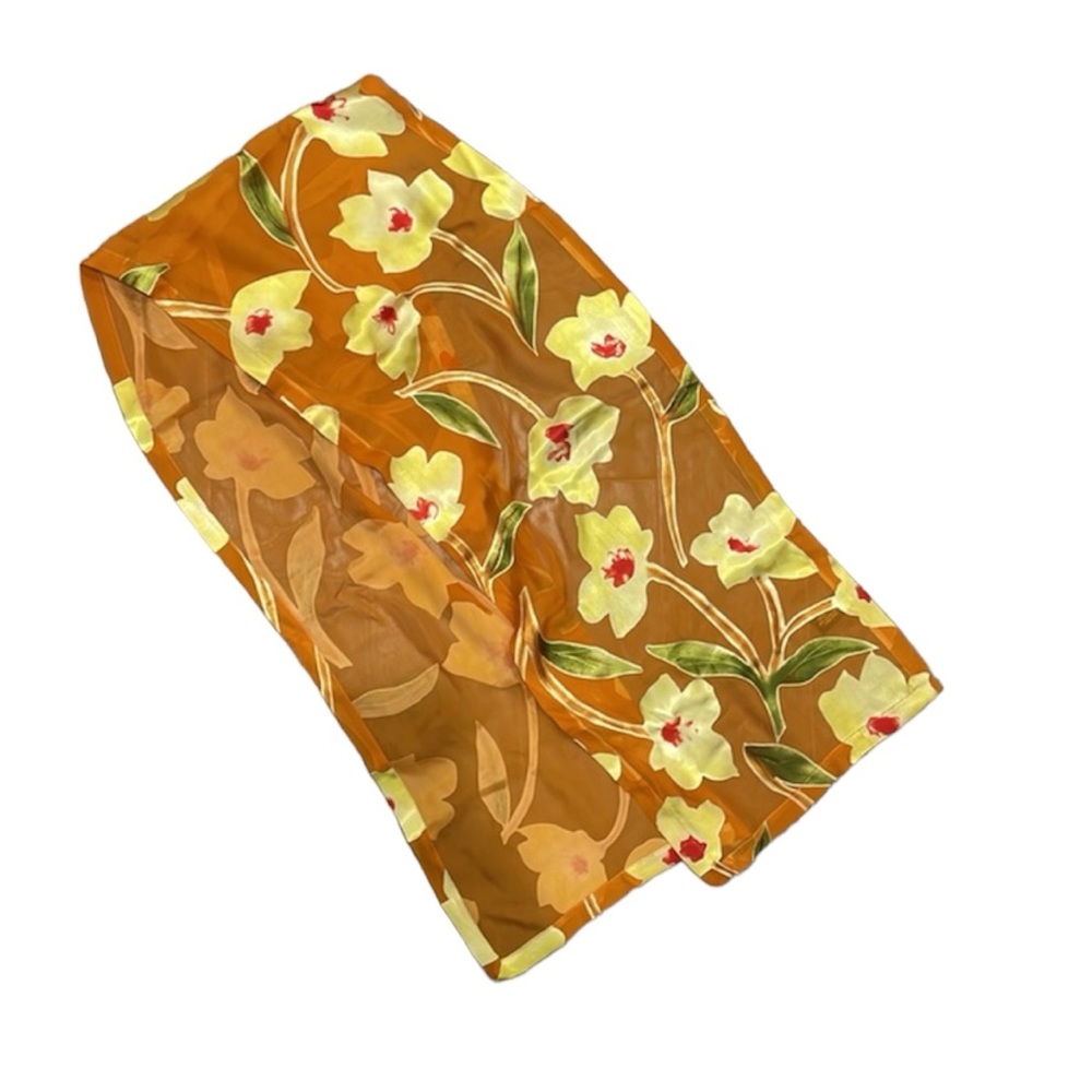 Vintage silk floral orange red green copper scarf. 60 x 11.5 in. Made in Italy